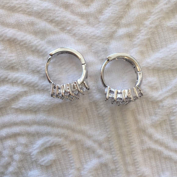 Diamond Shaped Cubic Zirconia Small Hoop Studs - Picture 2 of 3